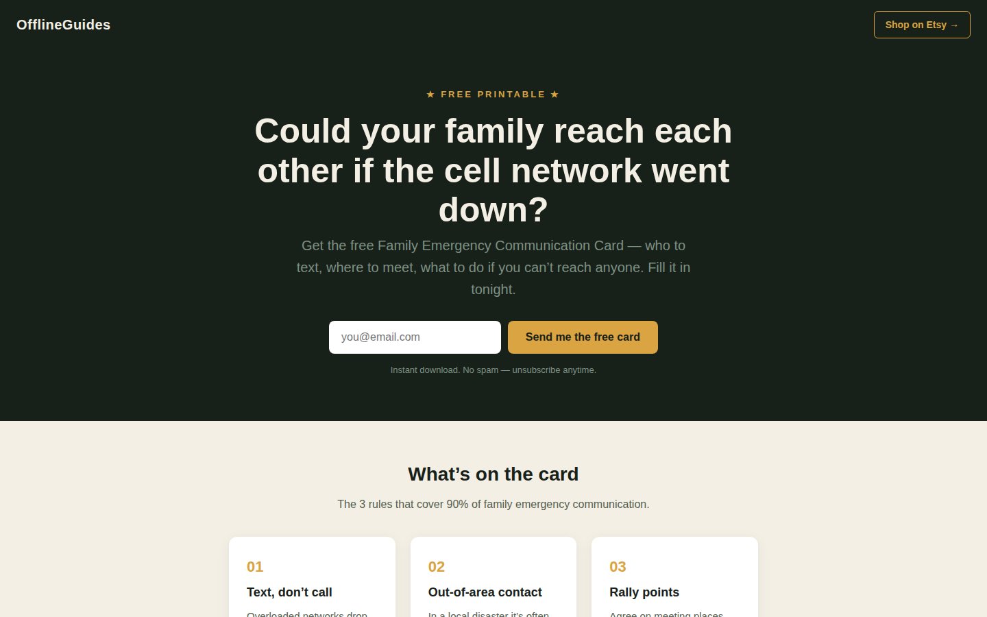 OfflineGuides — family emergency communication funnel